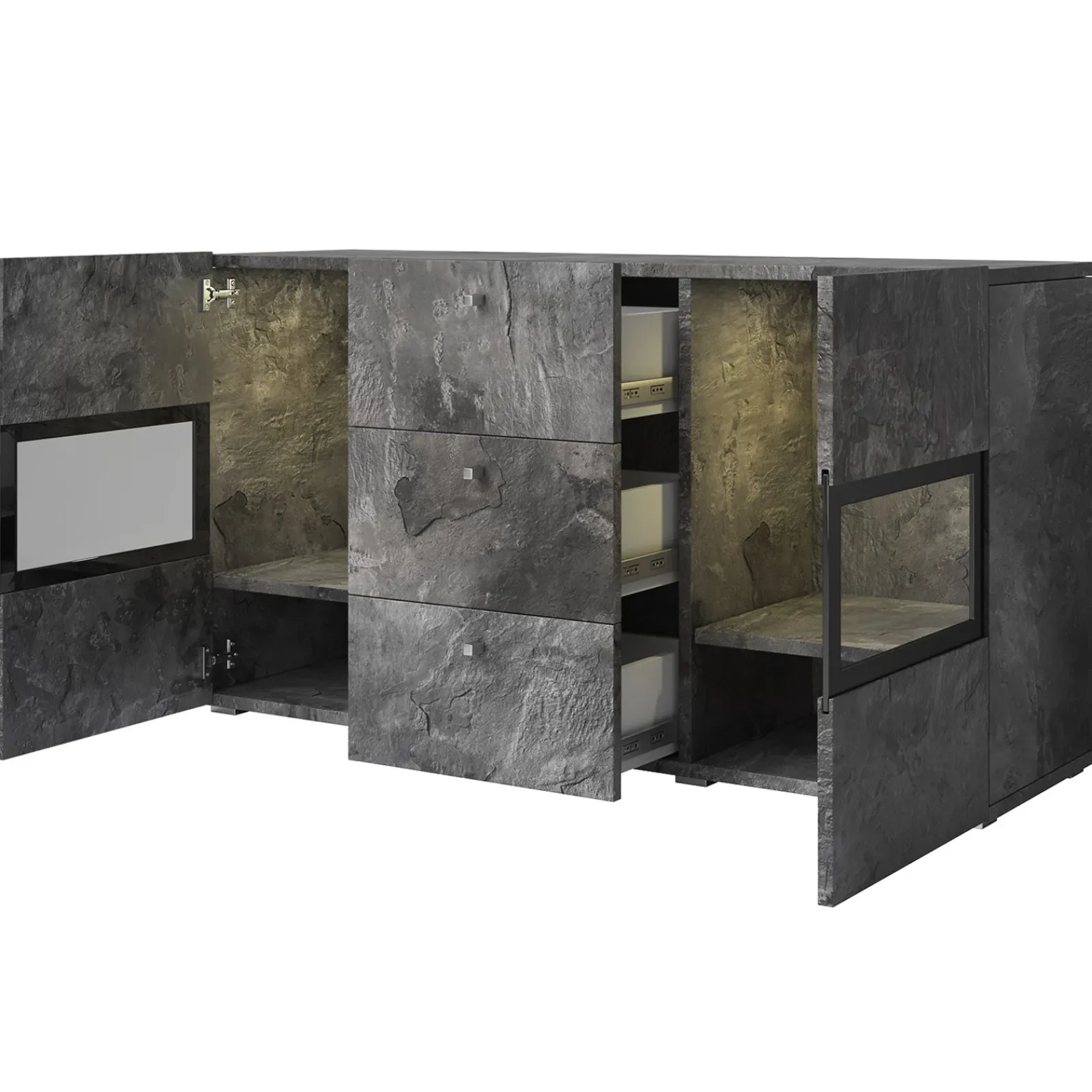 Garnero Arredamenti Credenze Moderne|Madie Moderne-Credenza 132x70h cm 2 ante 3 cassetti moderna nero Emotion Gihome® Ossido