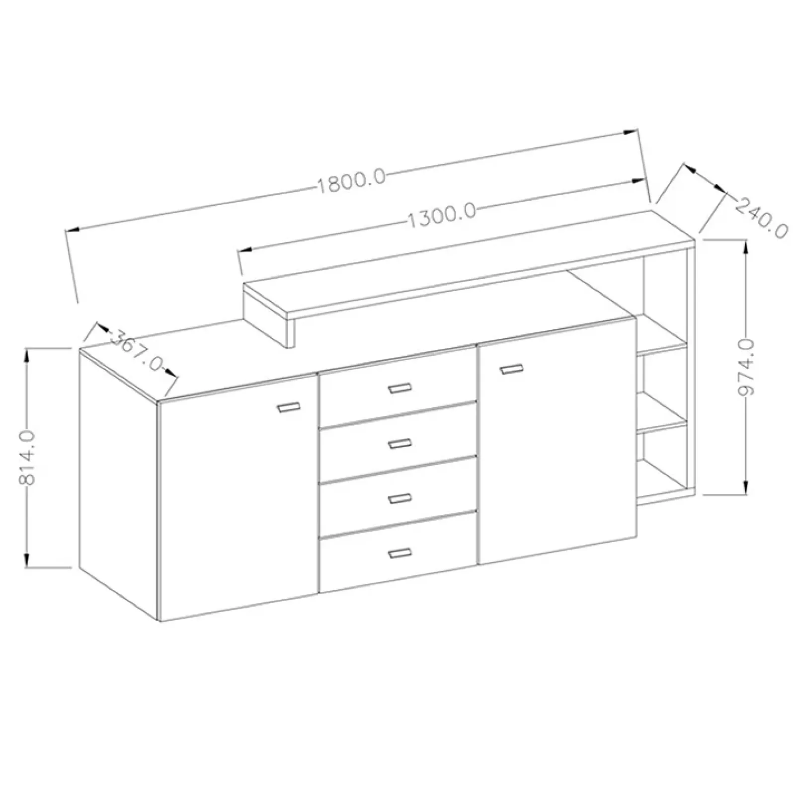 Garnero Arredamenti Credenze Moderne|Madie Moderne-Credenza 180x98h cm 2 ante 4 cassetti moderna bianco cemento Megan Gihome® Cemento - Bianco opaco
