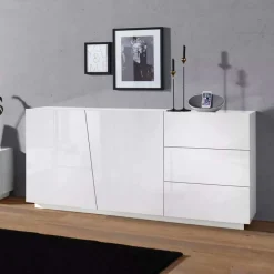 Garnero Arredamenti Credenze Moderne|Madie Moderne-Credenza 180x86h cm 2 ante 3 cassetti Candia Gihome® Bianco Lucido