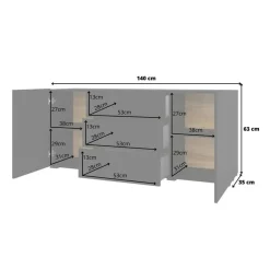Garnero Arredamenti Credenze Moderne|Madie Moderne-Credenza 140x63h cm 2 ante 3 cassetti moderna soggiorno nero Fusion Nero Opaco