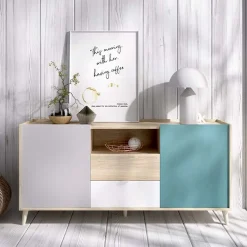 Garnero Arredamenti Credenze Moderne|Madie Moderne-Credenza 155x75h cm 2 ante 2 cassetti rovere grigio bianco petrolio Dominic