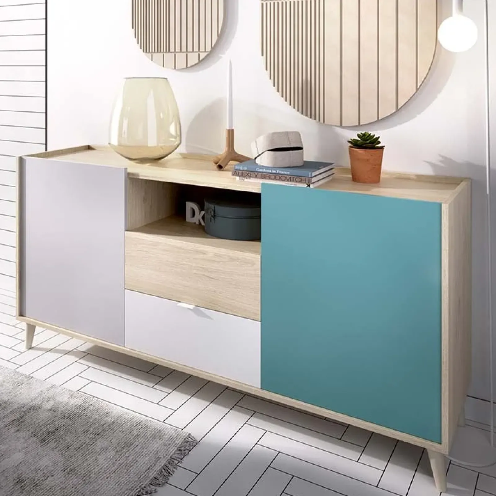 Garnero Arredamenti Credenze Moderne|Madie Moderne-Credenza 155x75h cm 2 ante 2 cassetti rovere grigio bianco petrolio Dominic