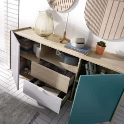 Garnero Arredamenti Credenze Moderne|Madie Moderne-Credenza 155x75h cm 2 ante 2 cassetti rovere grigio bianco petrolio Dominic