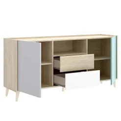 Garnero Arredamenti Credenze Moderne|Madie Moderne-Credenza 155x75h cm 2 ante 2 cassetti rovere grigio bianco petrolio Dominic