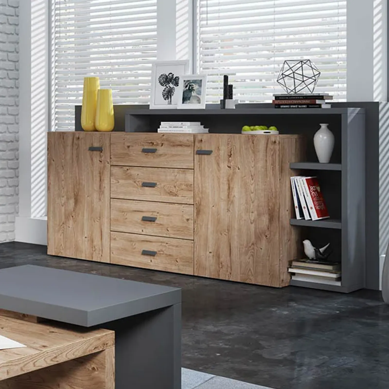 Garnero Arredamenti Credenze Moderne|Madie Moderne-Credenza 180x97h cm 2 ante 4 cassetti moderna rovere antracite Megan Gihome® Rovere - Antracite