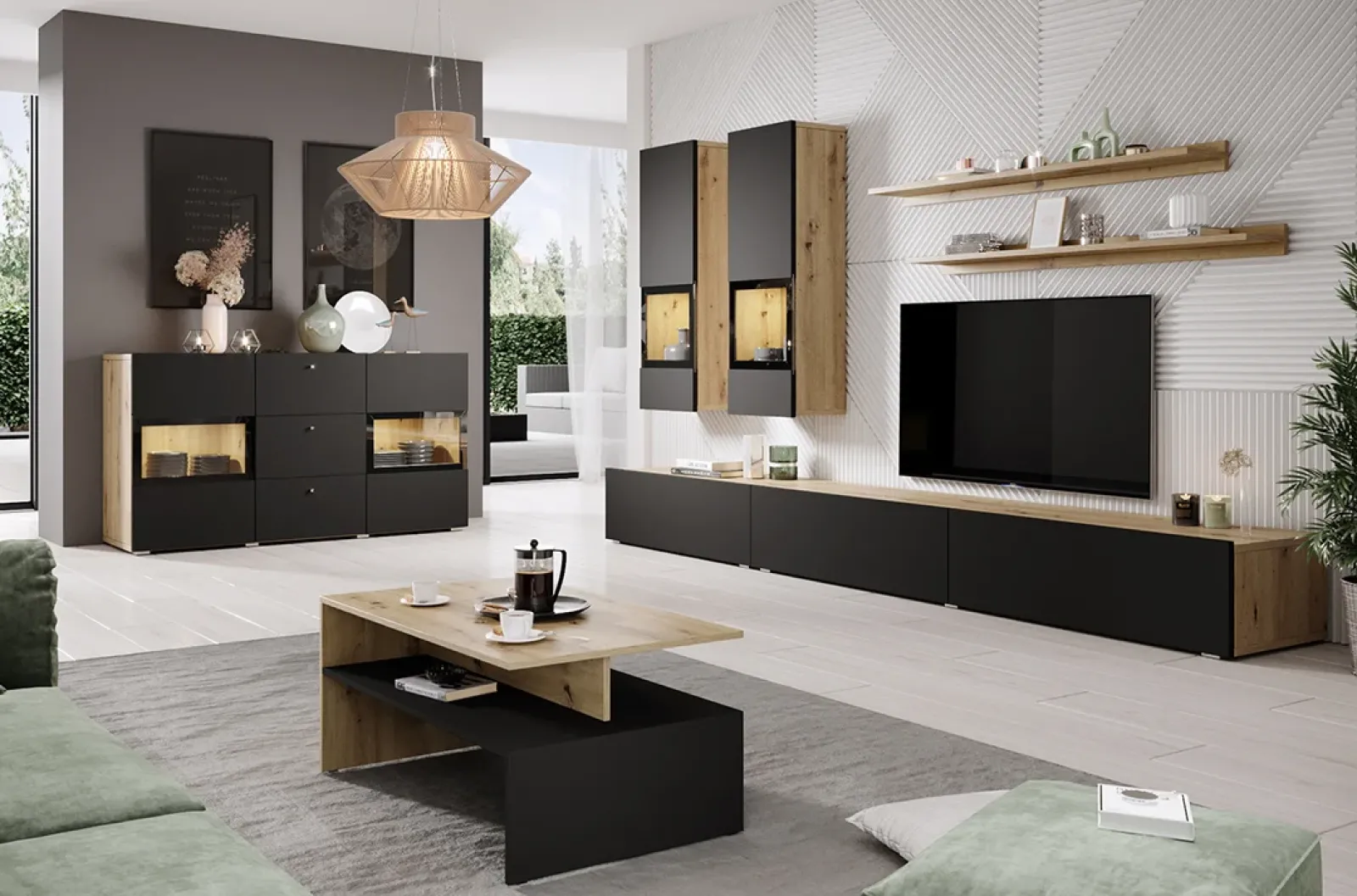 Garnero Arredamenti Credenze Moderne|Madie Moderne-Credenza 132x70h cm 2 ante 3 cassetti rovere chiaro nero Emotion Gihome® Rovere - Nero opaco