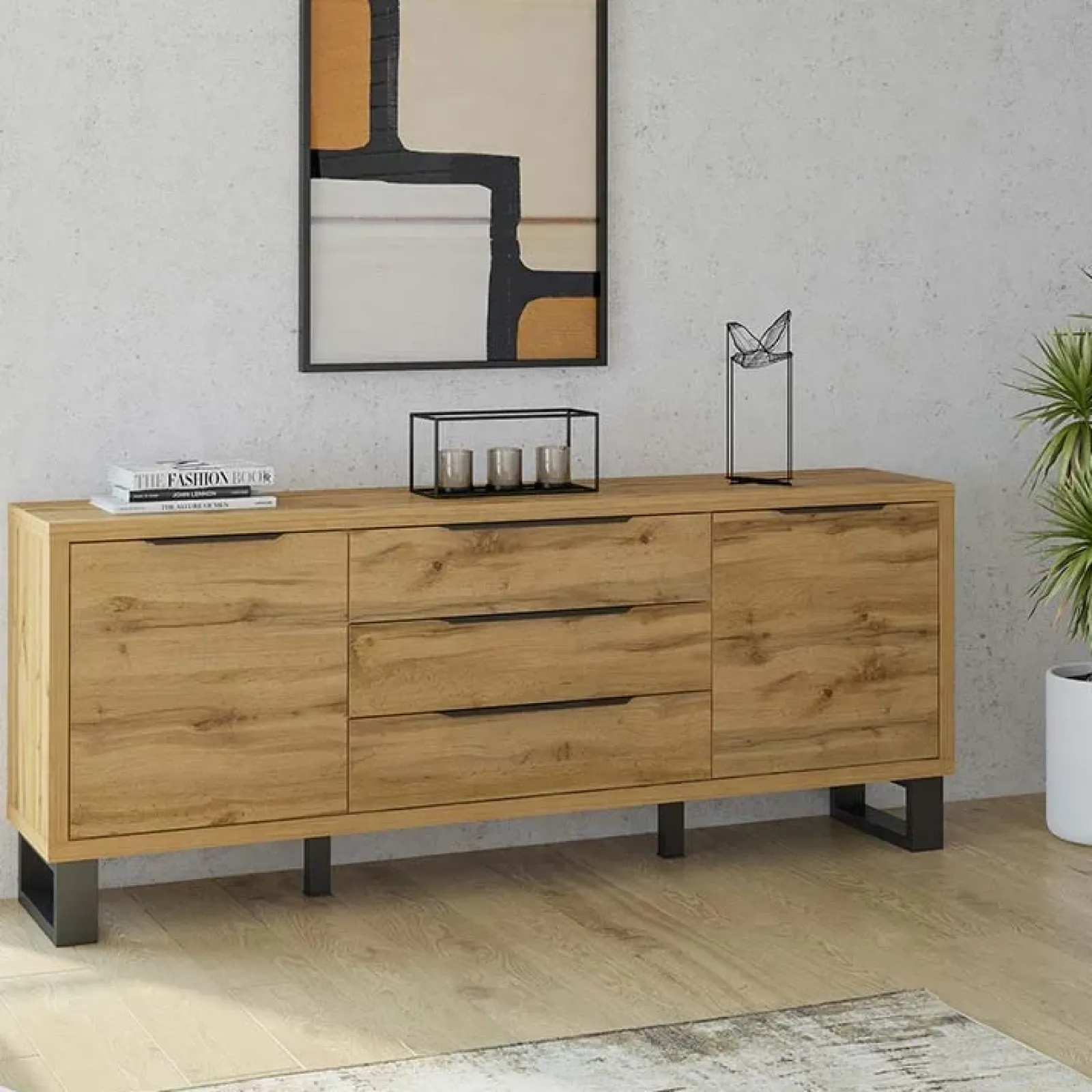 Garnero Arredamenti Credenze Moderne|Madie Moderne-Credenza 201x83h cm 2 ante 3 cassetti moderna quercia metallo nero Petra