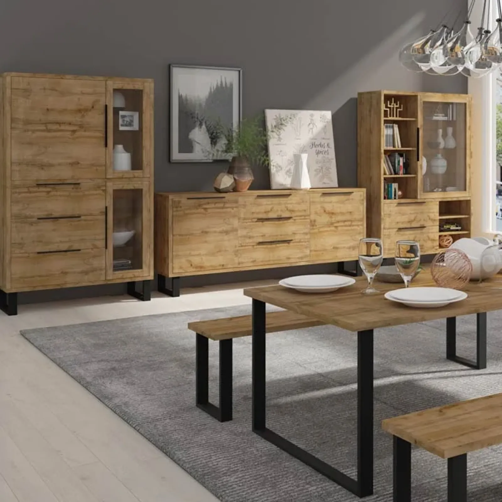 Garnero Arredamenti Credenze Moderne|Madie Moderne-Credenza 201x83h cm 2 ante 3 cassetti moderna quercia metallo nero Petra