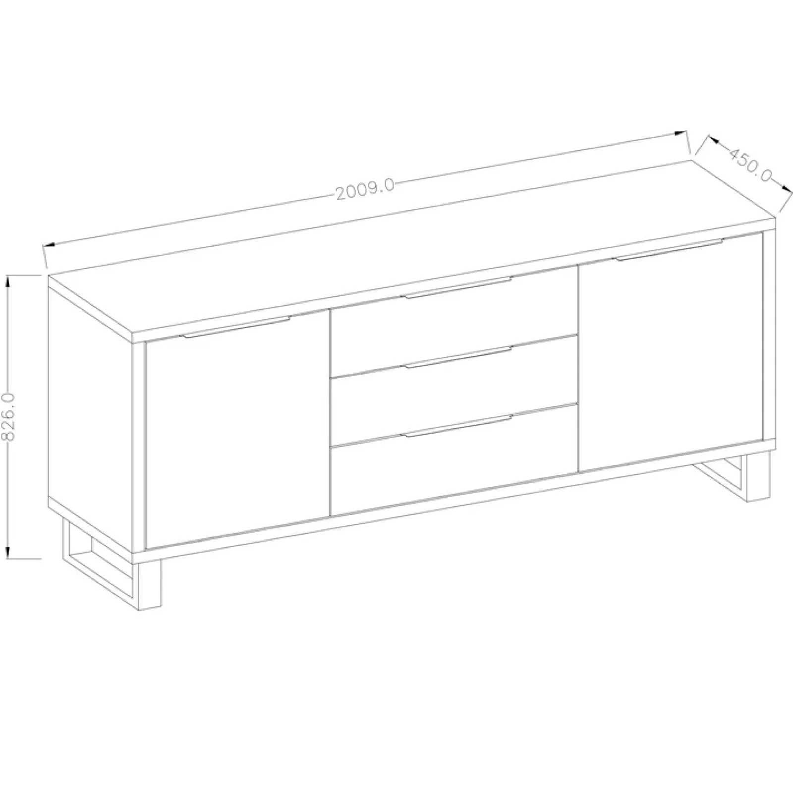 Garnero Arredamenti Credenze Moderne|Madie Moderne-Credenza 201x83h cm 2 ante 3 cassetti moderna quercia metallo nero Petra