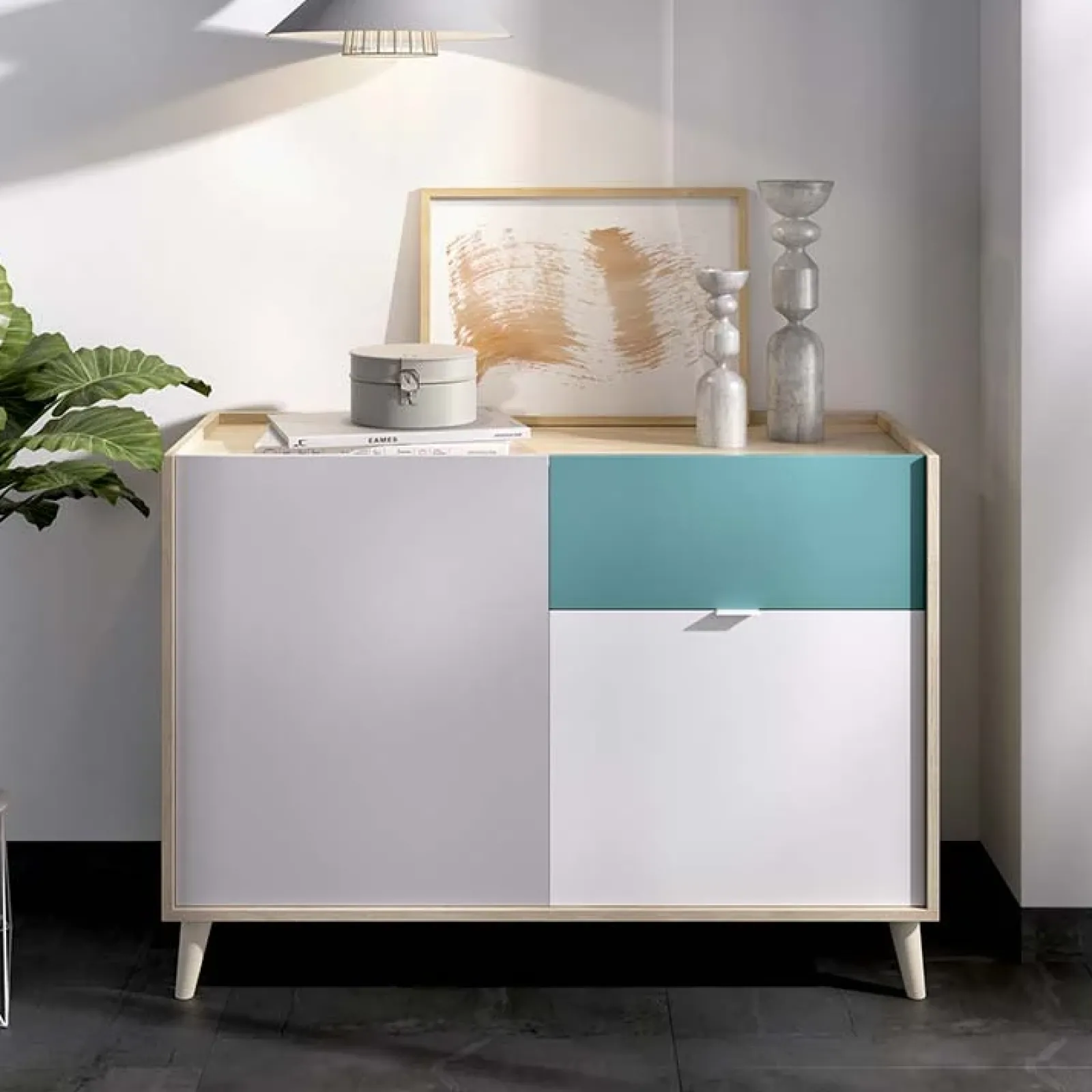 Garnero Arredamenti Credenze Moderne|Madie Moderne-Credenza 105x75h cm 2 ante 1 cassetto rovere grigio bianco petrolio Dominic