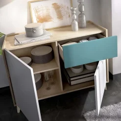 Garnero Arredamenti Credenze Moderne|Madie Moderne-Credenza 105x75h cm 2 ante 1 cassetto rovere grigio bianco petrolio Dominic