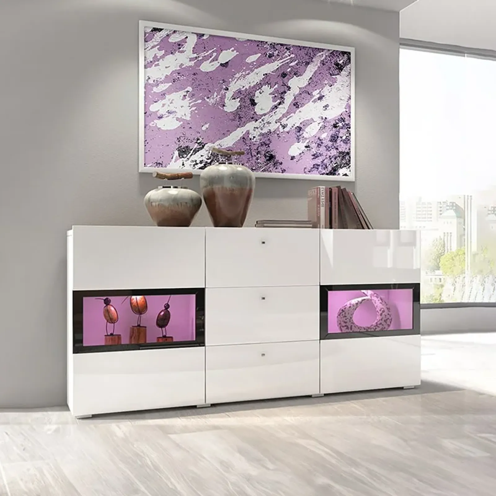 Garnero Arredamenti Credenze Moderne|Madie Moderne-Credenza 132x70h cm 2 ante 3 cassetti moderna nero Emotion Gihome® Bianco Lucido