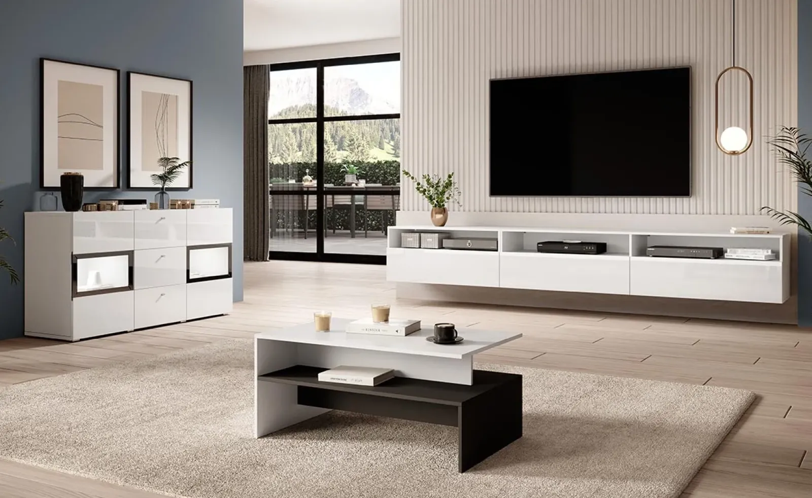 Garnero Arredamenti Credenze Moderne|Madie Moderne-Credenza 132x70h cm 2 ante 3 cassetti moderna nero Emotion Gihome® Bianco Lucido