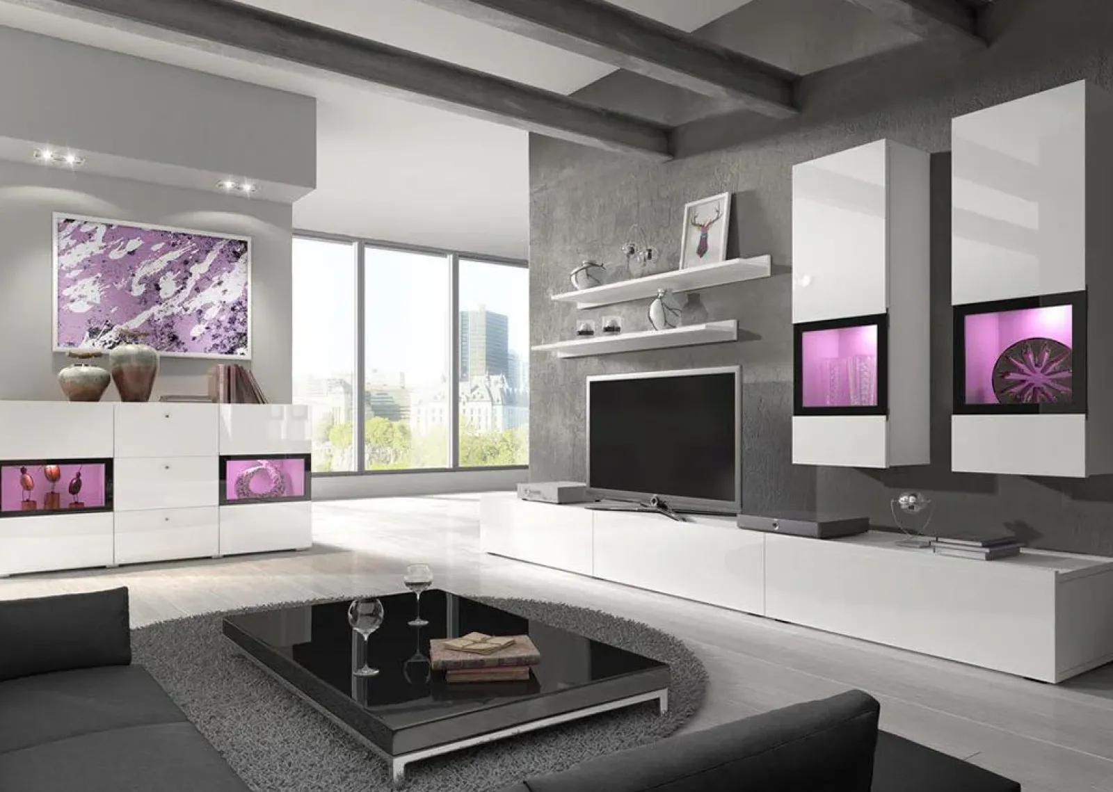 Garnero Arredamenti Credenze Moderne|Madie Moderne-Credenza 132x70h cm 2 ante 3 cassetti moderna nero Emotion Gihome® Bianco Lucido