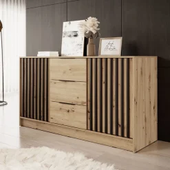 Garnero Arredamenti Credenze Moderne-Credenza 155x86h cm 2 ante 3 cassetti soggiorno quercia nero Miller Rovere Rustico