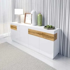 Garnero Arredamenti Credenze Moderne|Madie Moderne-Credenza 219x85h cm 4 ante 2 cassetti bianco lucido rovere Bahama Bianco Lucido - Rovere Rustico