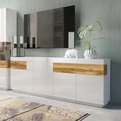 Garnero Arredamenti Credenze Moderne|Madie Moderne-Credenza 219x85h cm 4 ante 2 cassetti bianco lucido rovere Bahama Bianco Lucido - Rovere Rustico