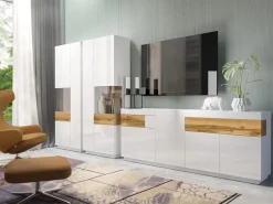 Garnero Arredamenti Credenze Moderne|Madie Moderne-Credenza 219x85h cm 4 ante 2 cassetti bianco lucido rovere Bahama Bianco Lucido - Rovere Rustico