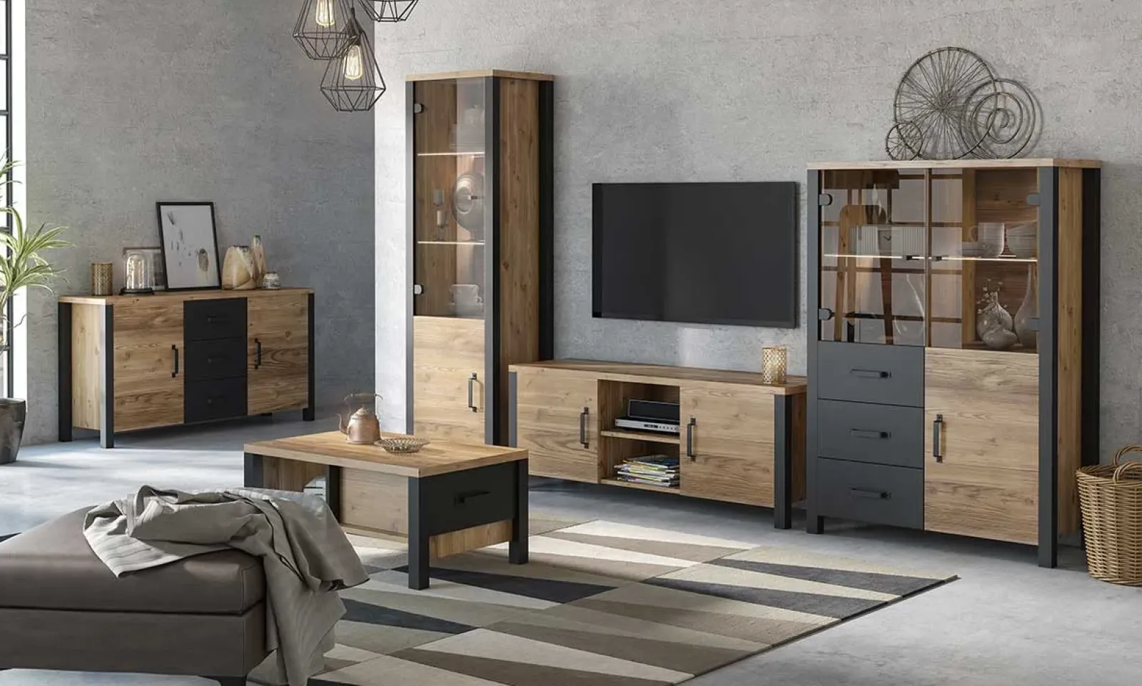 Garnero Arredamenti Credenze Moderne|Madie Moderne-Credenza 147x79h cm 2 ante 3 cassetti moderna quercia nero opaco Nebraska