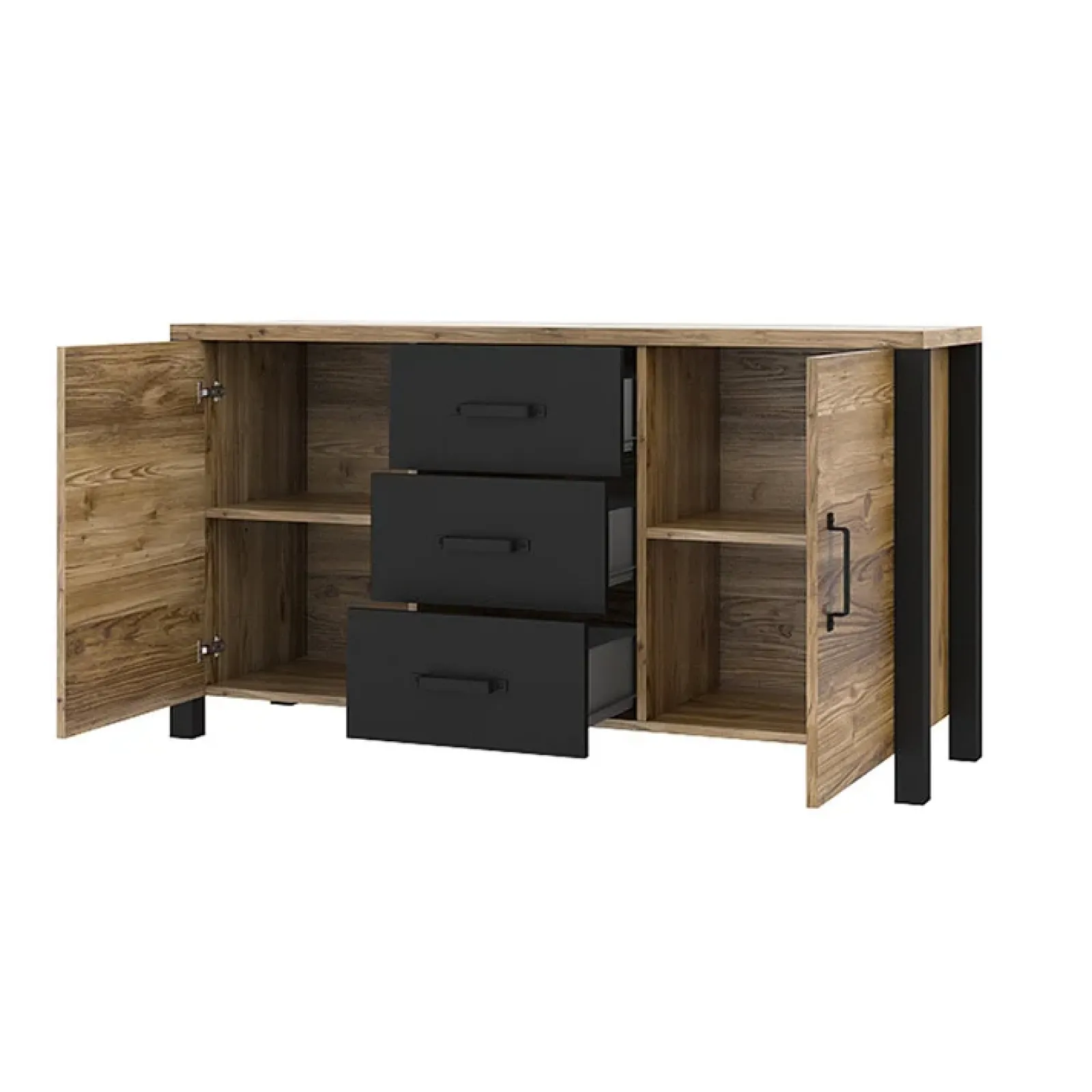 Garnero Arredamenti Credenze Moderne|Madie Moderne-Credenza 147x79h cm 2 ante 3 cassetti moderna quercia nero opaco Nebraska