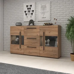 Garnero Arredamenti Credenze Moderne|Madie Moderne-Credenza 180x103h cm 2 ante 3 cassetti  con vetrinetta moderna nero Maiorca Rovere