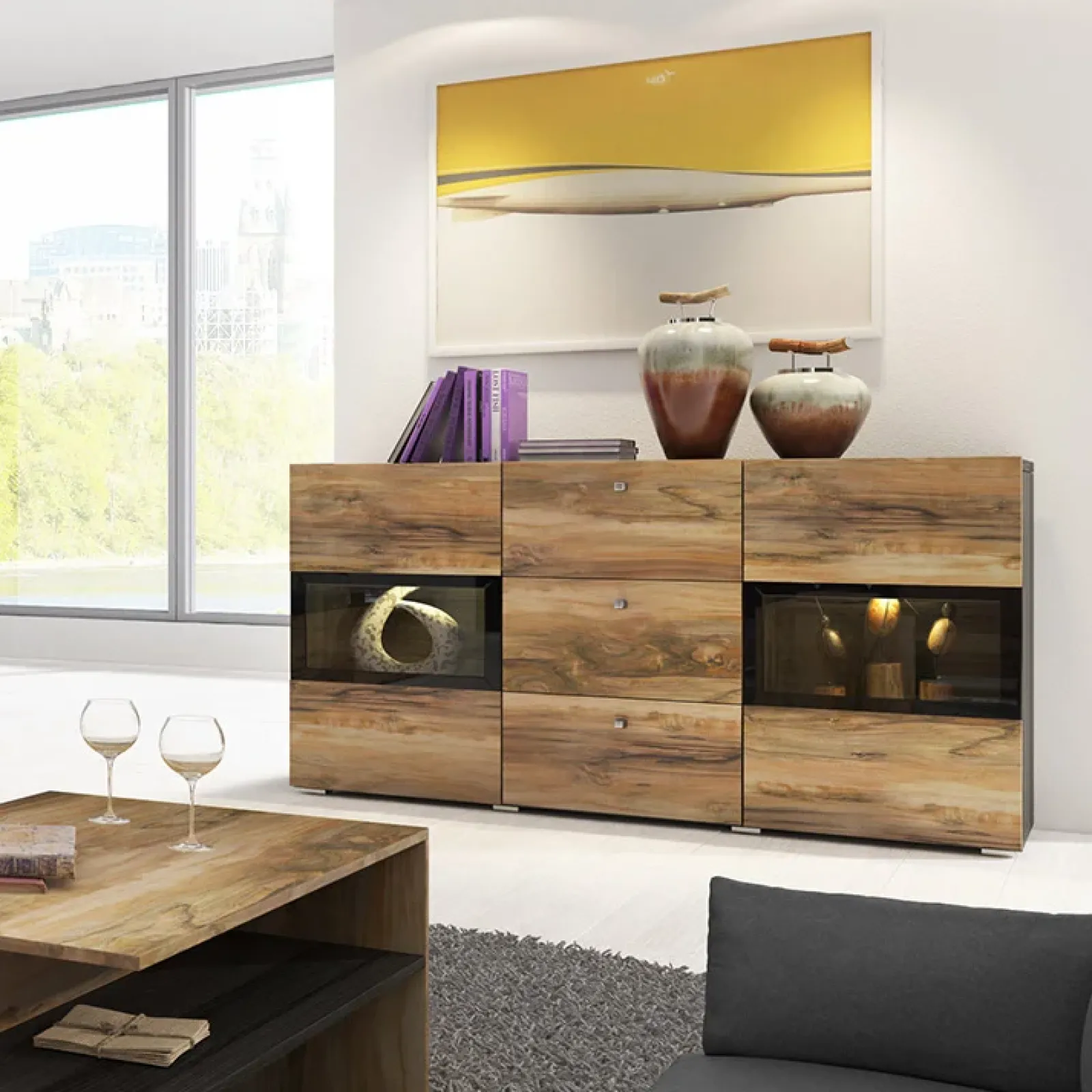 Garnero Arredamenti Credenze Moderne|Madie Moderne-Credenza 132x70h cm 2 ante 3 cassetti noce antico nero frassinato Emotion Gihome® Nero Frassinato - Noce