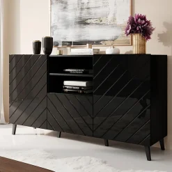 Garnero Arredamenti Credenze Moderne-Credenza 150x82h cm 2 ante 1 cassetto moderna decorato nero lucido Placida