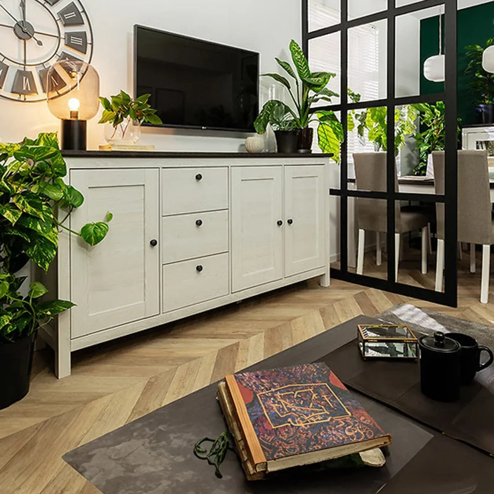 Garnero Arredamenti Credenze Moderne|Madie Moderne-Credenza 199x96h cm 3 ante 3 cassetti arte povera pino bianco frassinato grafite Holga Bianco Frassinato - Grafite