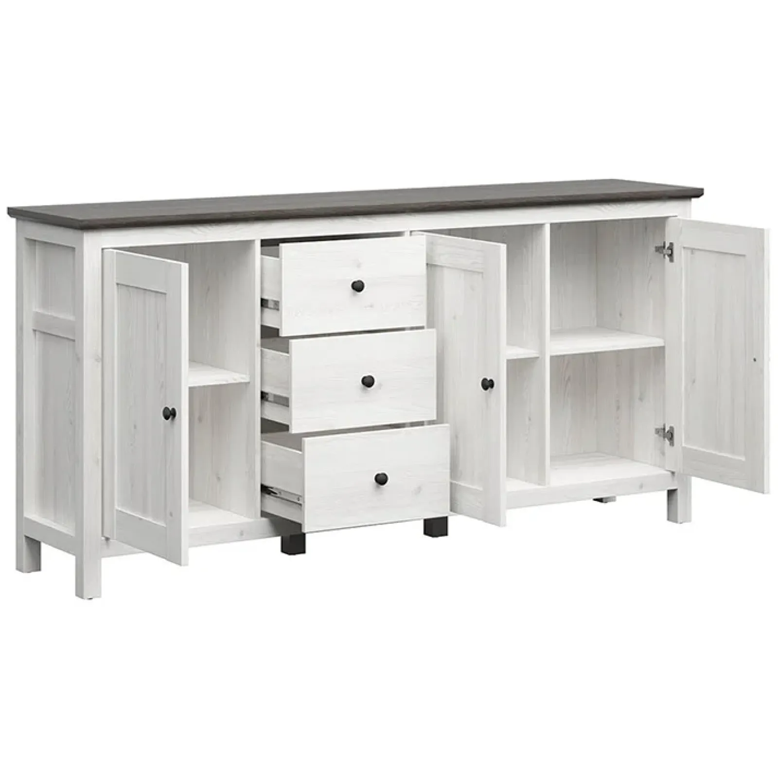 Garnero Arredamenti Credenze Moderne|Madie Moderne-Credenza 199x96h cm 3 ante 3 cassetti arte povera pino bianco frassinato grafite Holga Bianco Frassinato - Grafite