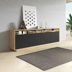 Garnero Arredamenti Credenze Moderne|Madie Moderne-Credenza 238x75h cm 4 ante 4 vani a giorno moderna  nero opaco rovere Esmond