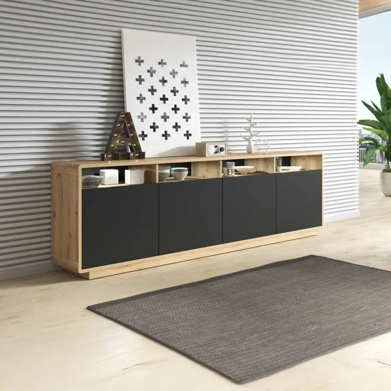 Garnero Arredamenti Credenze Moderne|Madie Moderne-Credenza 238x75h cm 4 ante 4 vani a giorno moderna nero opaco rovere Esmond