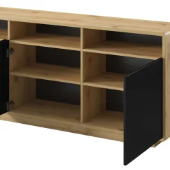 Garnero Arredamenti Credenze Moderne|Madie Moderne-Credenza 238x75h cm 4 ante 4 vani a giorno moderna nero opaco rovere Esmond