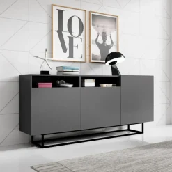 Garnero Arredamenti Credenze Moderne|Madie Moderne-Credenza 180x80h cm 3 ante 2 vani moderna nero Erice Gihome® Antracite