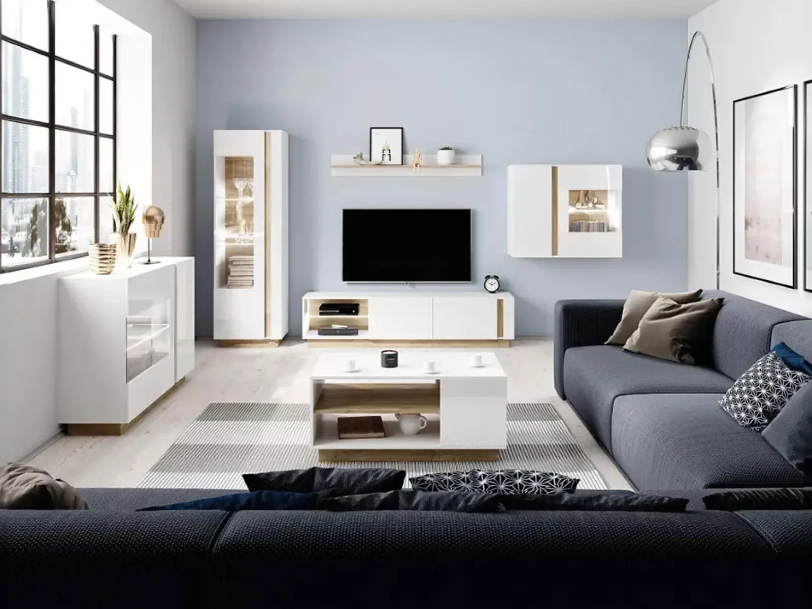 Garnero Arredamenti Credenze Moderne|Madie Moderne-Credenza 138x91h cm 3 ante con vetrina moderna bianco rovere Noa Gihome® Bianco Lucido - Rovere