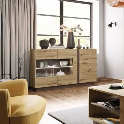 Garnero Arredamenti Credenze Moderne|Madie Moderne-Credenza 138x91h cm 3 ante con vetrina moderna rovere antracite Noa Gihome® Rovere - Antracite