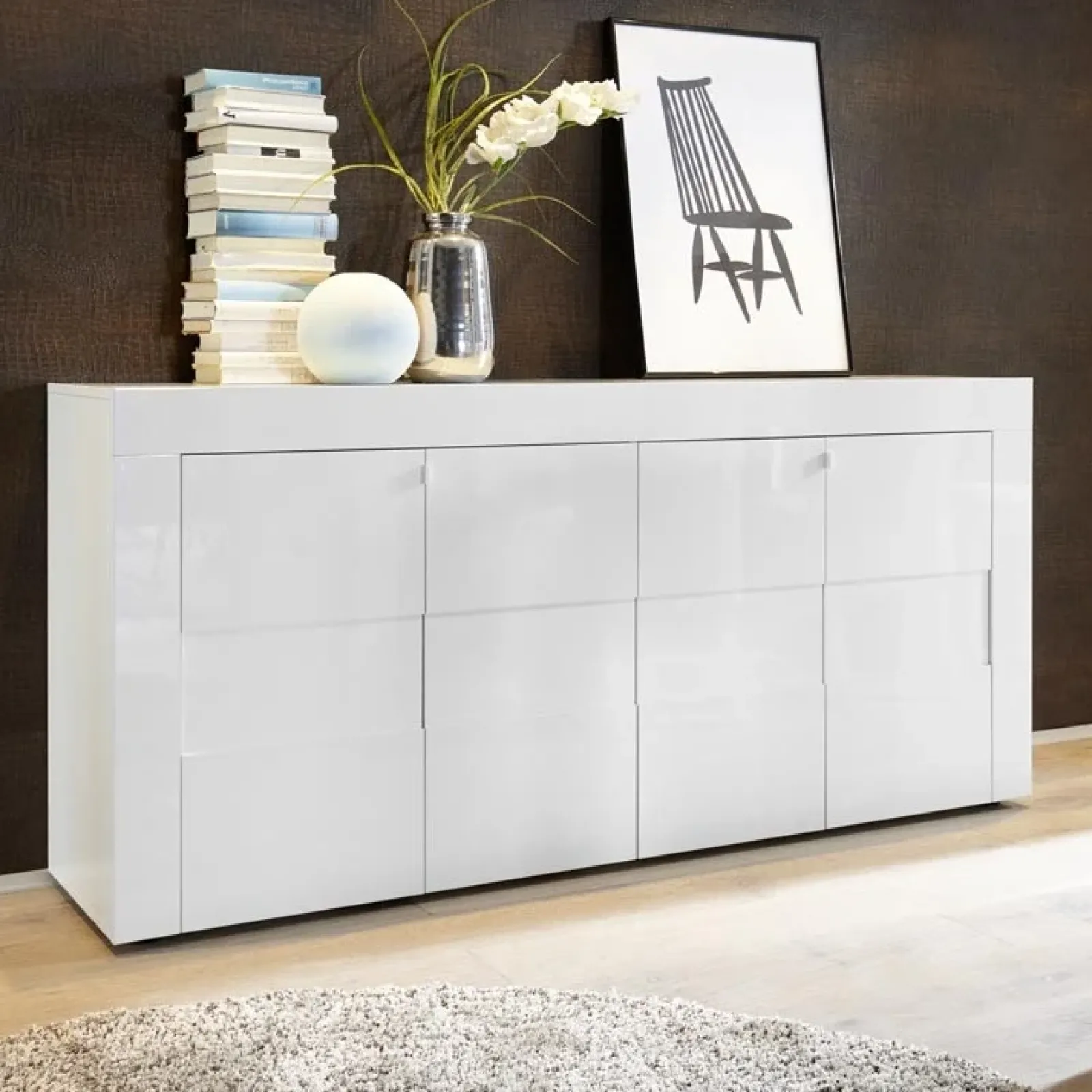 Garnero Arredamenti Credenze Moderne|Madie Moderne-Credenza 181x84h cm 4 ante moderna bianco laccato lucido Easy