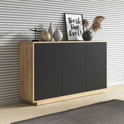 Garnero Arredamenti Credenze Moderne|Madie Moderne-Credenza 160x75h cm 3 ante moderna nero opaco rovere Esmond