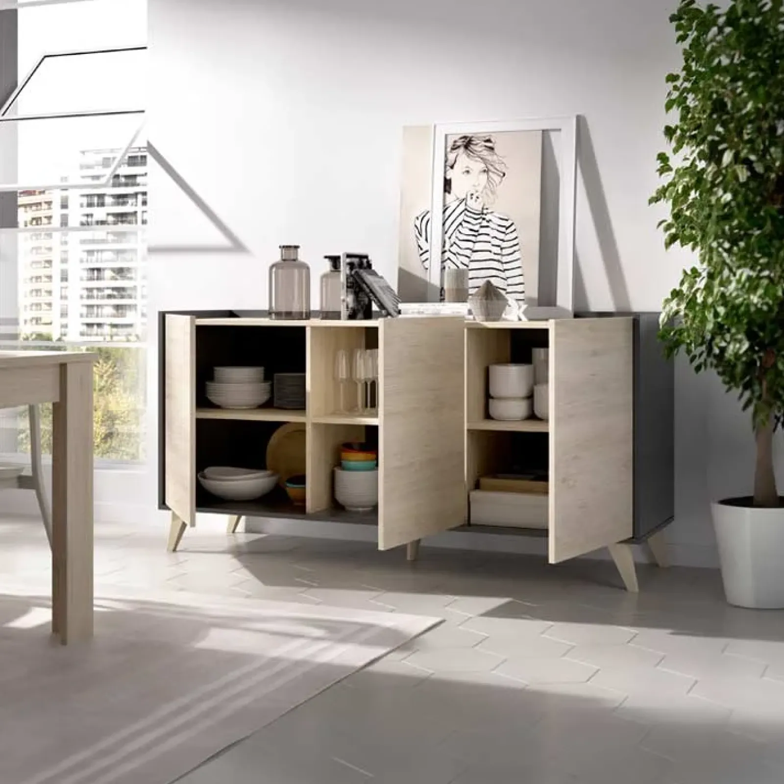 Garnero Arredamenti Credenze Moderne|Madie Moderne-Credenza 155x75h cm 3 ante moderna ante rovere grafite Elmer Rovere - Grafite