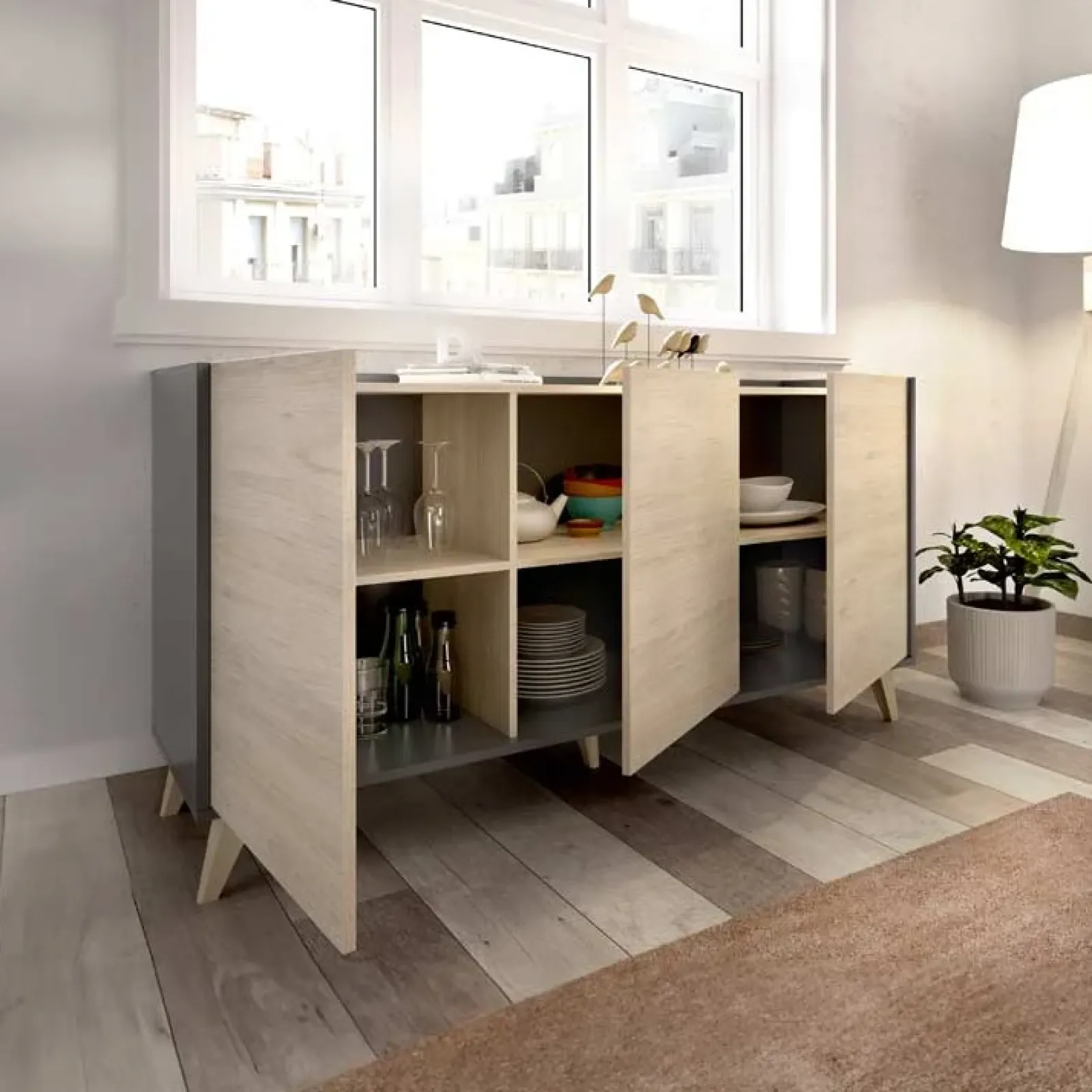 Garnero Arredamenti Credenze Moderne|Madie Moderne-Credenza 155x75h cm 3 ante moderna ante rovere grafite Elmer Rovere - Grafite