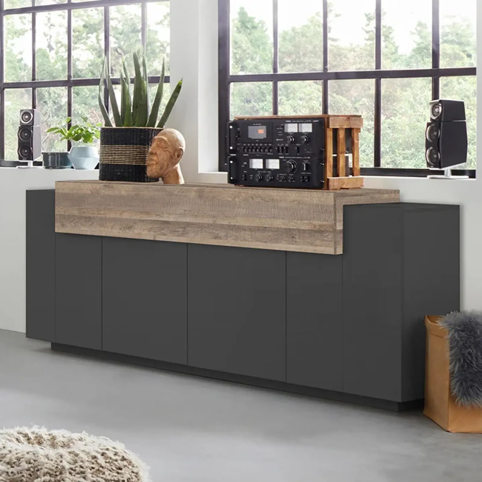 Garnero Arredamenti Credenze Moderne|Madie Moderne-Credenza 200x86h cm 4 ante moderna antracite rovere Milos Gihome® Rovere Rustico - Antracite