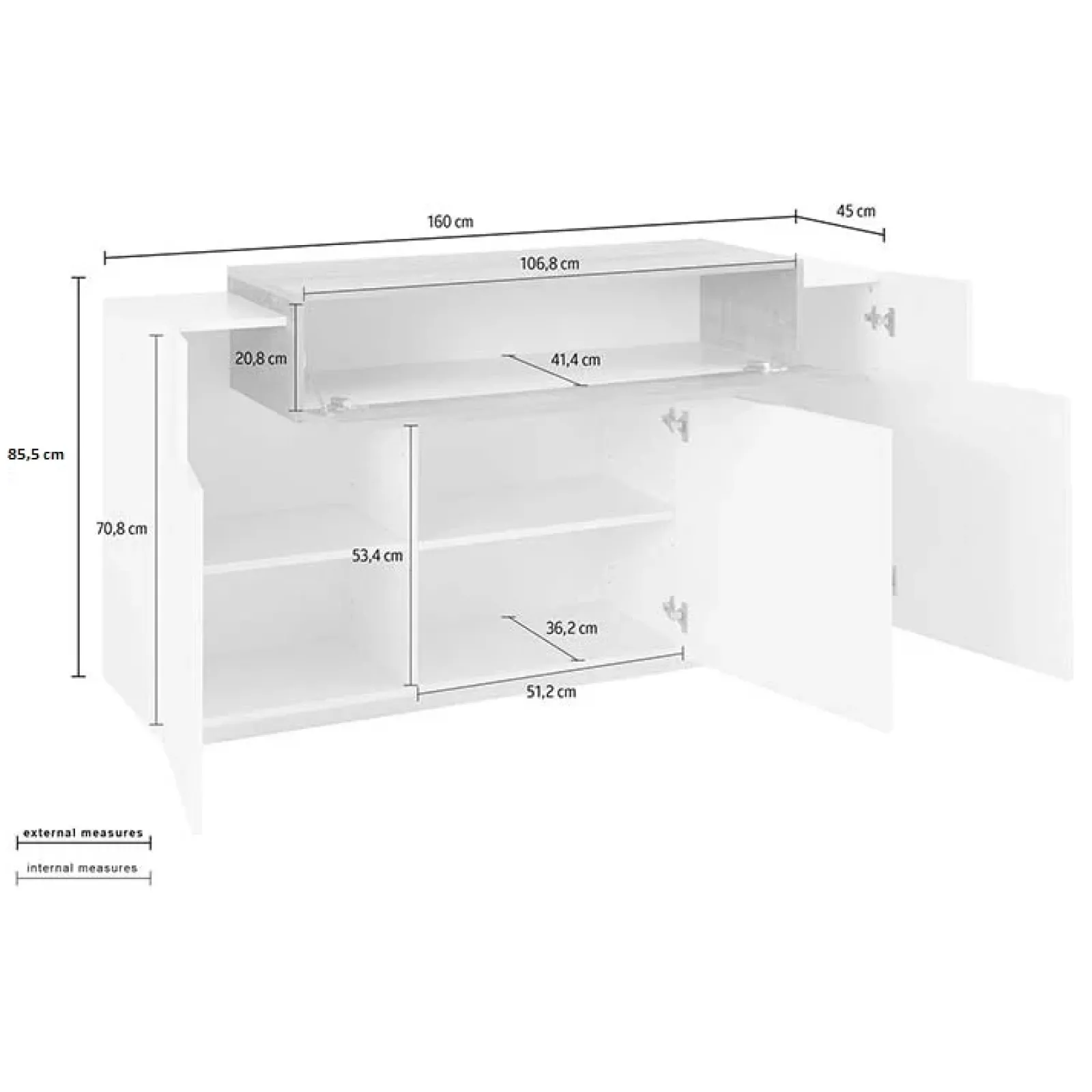 Garnero Arredamenti Credenze Moderne|Madie Moderne-Credenza 160x86h cm 3 ante moderna bianco ossido Milos Gihome® Ossido - Bianco Lucido