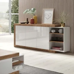 Garnero Arredamenti Credenze Moderne|Madie Moderne-Credenza 220x86h cm 3 ante moderna bianco lucido rovereAria