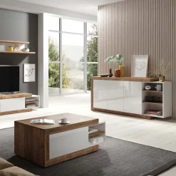 Garnero Arredamenti Credenze Moderne|Madie Moderne-Credenza 220x86h cm 3 ante moderna bianco lucido rovereAria