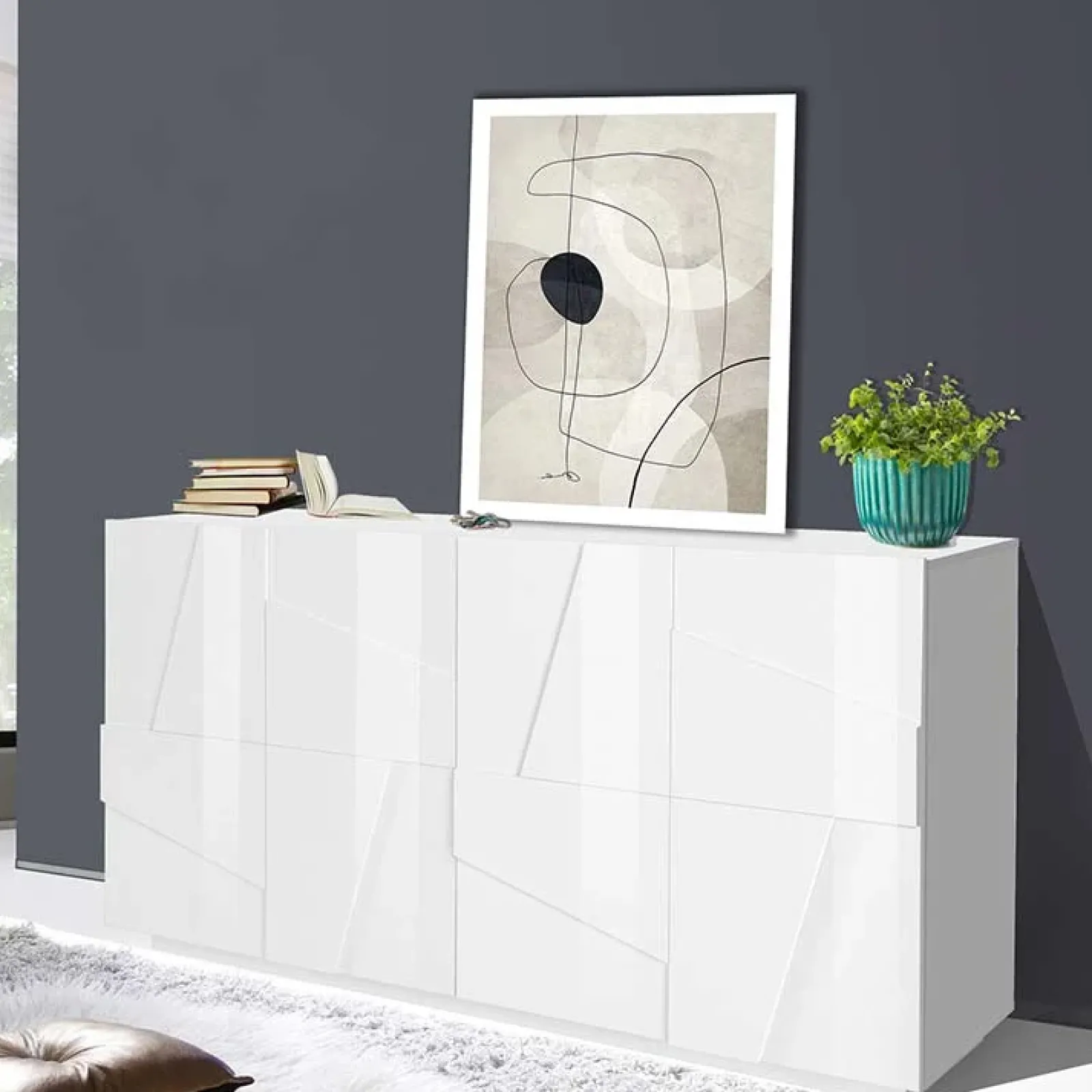 Garnero Arredamenti Credenze Moderne|Madie Moderne-Credenza 163x86h cm 4 ante moderna Zenzero Gihome® Bianco Lucido