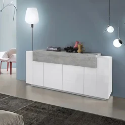 Garnero Arredamenti Credenze Moderne|Madie Moderne-Credenza 200x86h cm 4 ante moderna bianco lucido cemento Milos Gihome® Cemento - Bianco Lucido