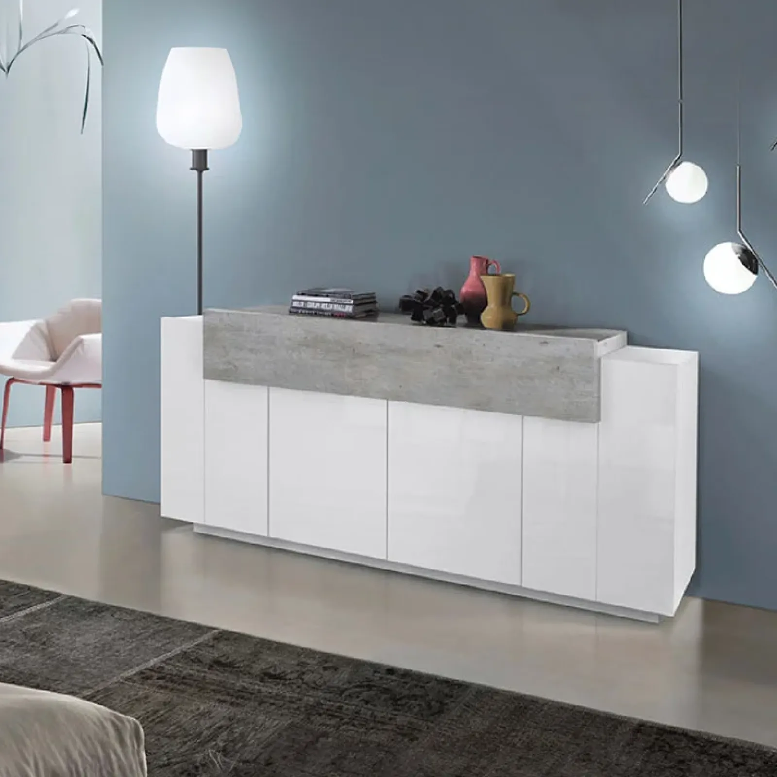 Garnero Arredamenti Credenze Moderne|Madie Moderne-Credenza 200x86h cm 4 ante moderna bianco lucido cemento Milos Gihome® Cemento - Bianco Lucido