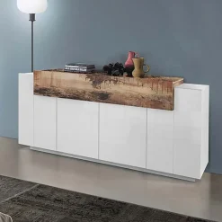 Garnero Arredamenti Credenze Moderne|Madie Moderne-Credenza 200x86h cm 4 ante moderna bianco lucido pero Milos Gihome® Bianco Lucido - Rovere Rustico