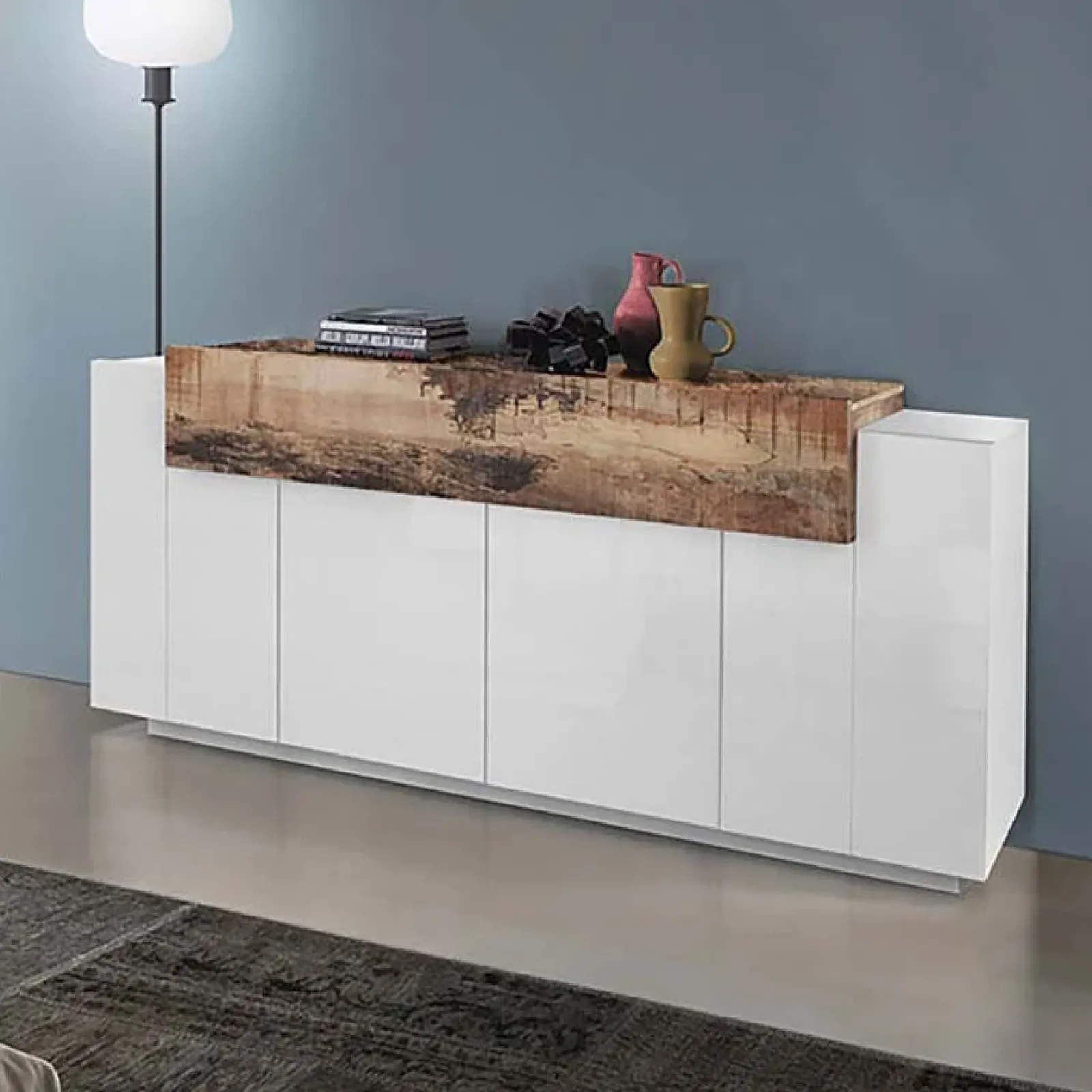 Garnero Arredamenti Credenze Moderne|Madie Moderne-Credenza 200x86h cm 4 ante moderna bianco lucido pero Milos Gihome® Bianco Lucido - Rovere Rustico