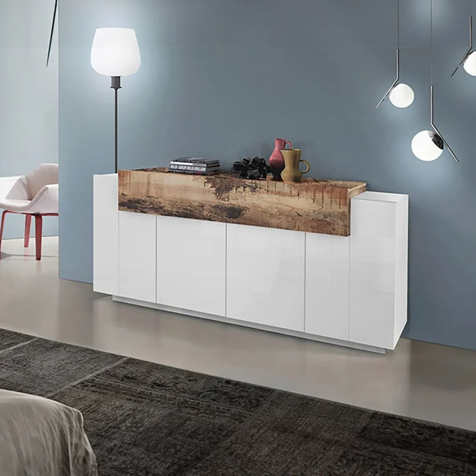 Garnero Arredamenti Credenze Moderne|Madie Moderne-Credenza 200x86h cm 4 ante moderna bianco lucido pero Milos Gihome® Bianco Lucido - Rovere Rustico