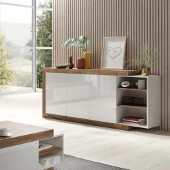 Garnero Arredamenti Credenze Moderne|Madie Moderne-Credenza 180x86h cm 3 ante moderna bianco lucido rovere Aria